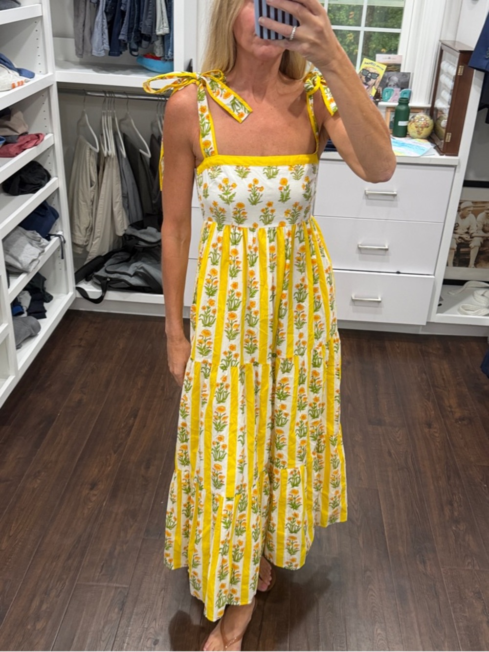 Pink City Prints Tie-Shoulder Yellow Floral Midi Dress